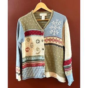 Susan Bristol Patchwork Knit Winter Holiday digan Sweater XL Cottagecore Prairie