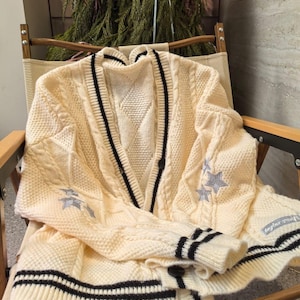 Hand Knitted Star Embroidered Cardigan: Folklore Women's Sweater
