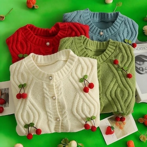 Womens Cherry Knitted Cardigans, Chic Y2k Style Sweaters, Cozy Warm Autumn Cardigans, Streetwear Long Sleeve Knitwear, Floral Fit Cardigans