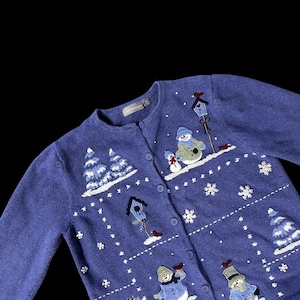 Ugly Christmas Sweater Cardigan Snowman Birds Blue White Croft & Barrow Medium