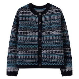 Preorder Only | Limited Batch, Fair Isle Wool Cardigan | Blue - Grey Patterned Knit