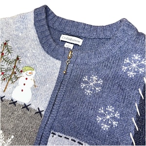 Croft & Barrow Blue Winter Snow Snowman Cardigan Sweater Full Zip Up Women's M