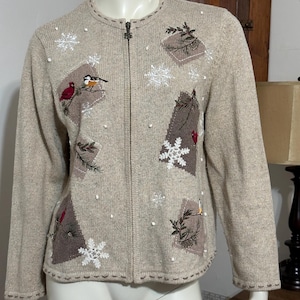 Croft & Barrow Silk Blend Zip-up Cardigan Embroidered Winter Birds Snowflakes Sweater - size PXL