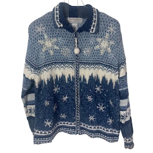 Vintage Tiara International Christmas Snowflake Knit Cardigan Sweater Large Blue