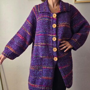 One of a Kind Knit Cardigan | Handmade Oversized Purple Sweater with Rainbow Stripes | Cozy Winter Knitwear