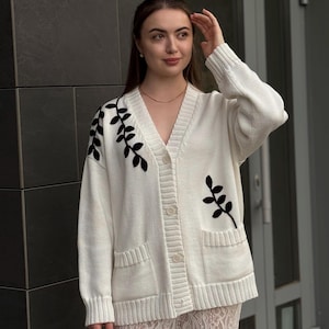 Knitted Cotton Cardigan, Premium Knitwear with Handmade Decoration, Loose Fit Women’s Sweater, White Coat