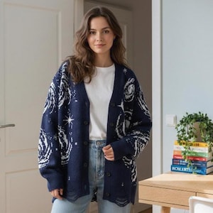 Galaxy knit cardigan – Women’s oversized button down sweater with starry night pattern – Cozy winter and fall cardigan