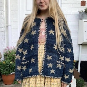 Vintage navy blue cardigan with stars, soft and warm knit vest for a cozy fall winter look