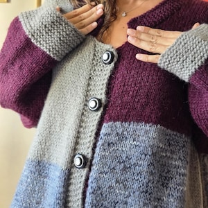 Handmade Oversized Wool Cardigan: Boho Colorblock Knit Jacket